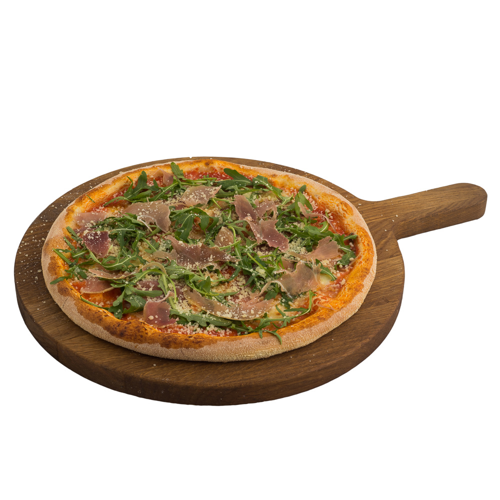 Пицца с пармской ветчиной, руколой и помидорами "Черри"