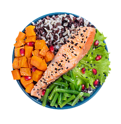 Салат-боул с семгой на пару, кенийской фасолью и гранатом